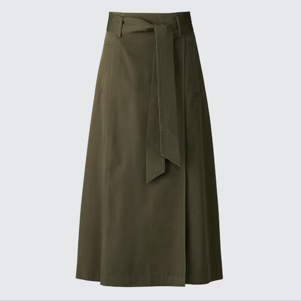 UNIQLO Belted Flair Mid Calf Deep Army Olive Green Wrap Skirt